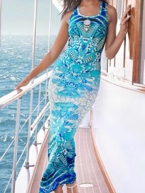 VENUS | L | Turquoise Blue Patterned Racerback Maxi Dress EUC